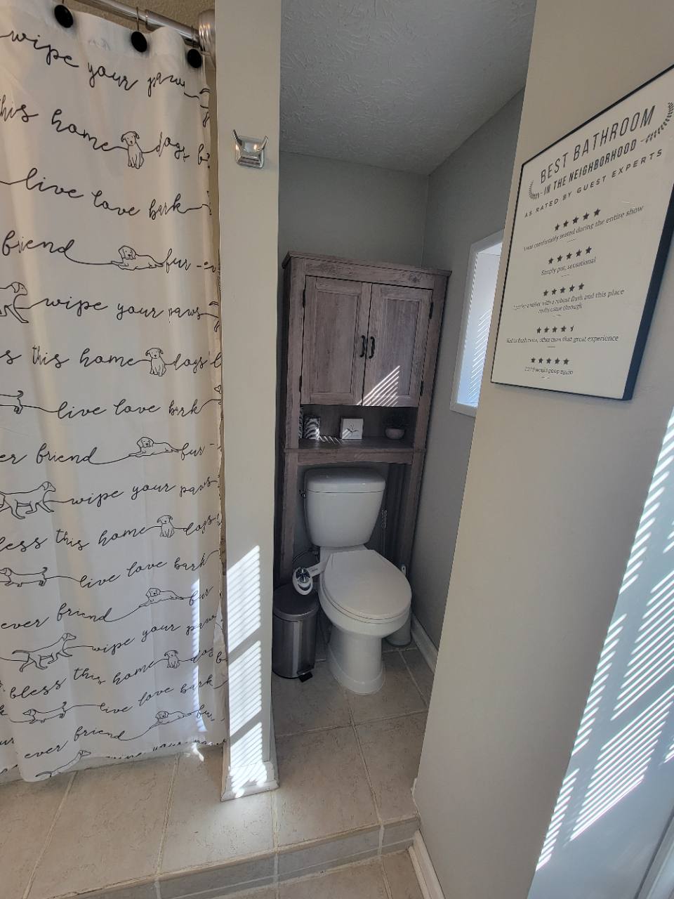 Bathroom with dog-patterned shower curtain, toilet and tall storage cabinet